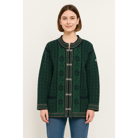 Vintage Nordstrikk womens cardigan jacket virgin wool green navy pewter clasp L - Picture 1 of 10